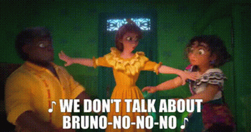 A Group Of People Are Dancing In A Room With The Words We Don T Talk About Bruno-No-No-No GIF
