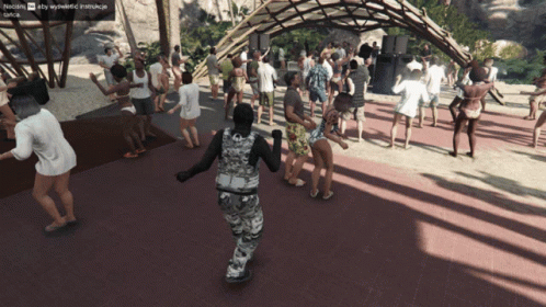 A Group Of People Are Dancing In A Video Game With A Screen That Says ' Nocny ' At The Top GIF