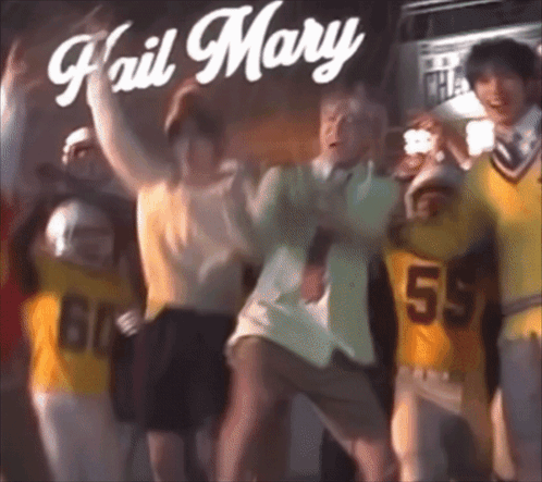 A Group Of People Are Dancing In Front Of A Banner That Says Fail Mary GIF