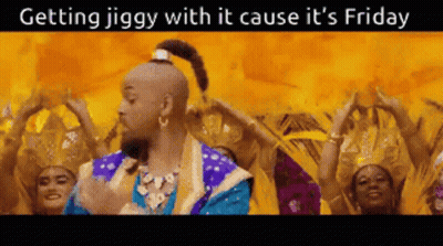 A Group Of People Are Dancing In Front Of A Fire With The Words Getting Jiggy With It Cause It 'S Friday Written Above T GIF