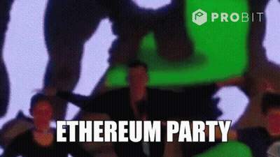 A Group Of People Are Dancing In Front Of A Green Background That Says Etherum Party GIF