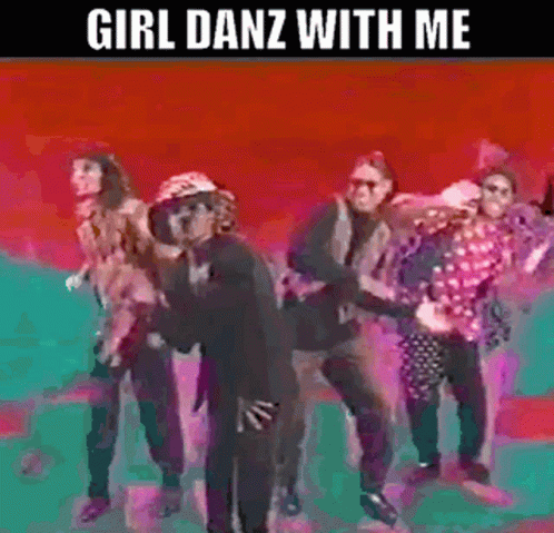 A Group Of People Are Dancing In Front Of A Red Background With The Words Girl Danz With Me Written On It . GIF