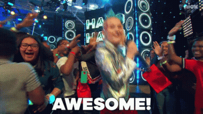 A Group Of People Are Dancing In Front Of A Sign That Says Awesome On It GIF