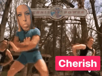 A Group Of People Are Dancing In Front Of A Sign That Says ' Sonic Power ' GIF