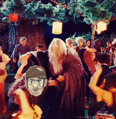 A Group Of People Are Dancing In Front Of A Tree And A Sign That Says ' Peregrine ' On It GIF
