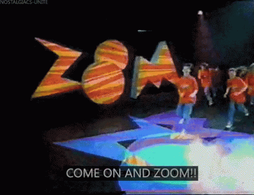 A Group Of People Are Dancing In Front Of A Zoom Sign GIF