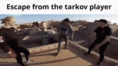 A Group Of People Are Dancing On A Rooftop With The Caption Escape From The Tarkov Player . GIF