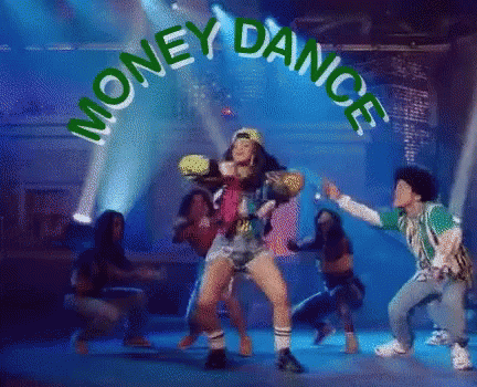 A Group Of People Are Dancing On A Stage With The Words Money Dance Above Them GIF