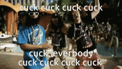 A Group Of People Are Dancing With The Words Cuck Cuck Cuck Cuck Cuck GIF