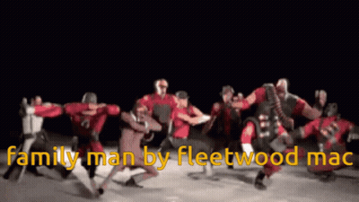 A Group Of People Are Dancing With The Words Family Man By Fleetwood Mac Written In Yellow GIF