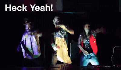 A Group Of People Are Dancing With The Words Heck Yeah Behind Them GIF