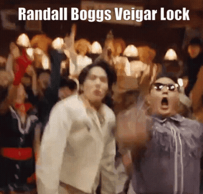 A Group Of People Are Dancing With The Words Randall Boggs Veigar Lock Written Above Them GIF