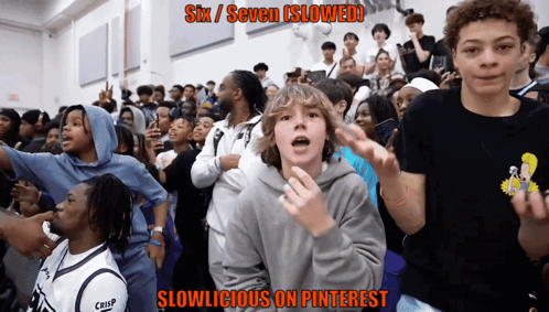 A Group Of People Are Dancing With The Words Six / Seven ( Slowed ) Slowlicious On Pinterest Below Them GIF