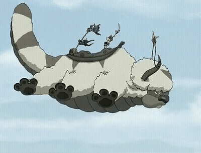 A Group Of People Are Flying On The Back Of A Flying Sheep . GIF