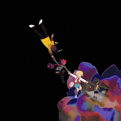 A Group Of People Are Flying Through The Air In A Cartoon . GIF