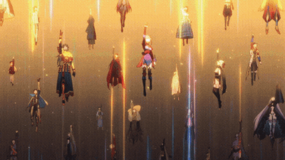 A Group Of People Are Flying Through The Air With Glowing Lights Behind Them GIF