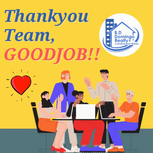 A Group Of People Are Gathered Around A Table With The Words Thank You Team Goodjob GIF