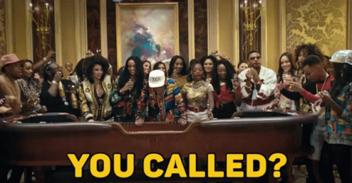 A Group Of People Are Gathered Around A Table With The Words " You Called " On The Bottom GIF