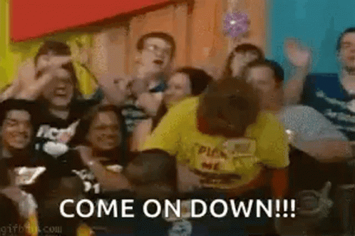 A Group Of People Are Gathered In A Room With The Words Come On Down Written On The Bottom . GIF