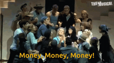 A Group Of People Are Gathered In A Room With The Words Money Money Money Written On The Bottom GIF
