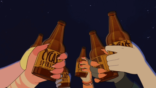 A Group Of People Are Holding Up Bottles Of Cycas Sprite GIF