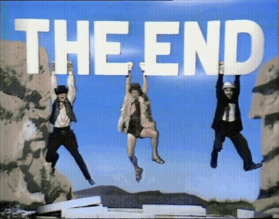 A Group Of People Are Jumping In The Air With The Words The End Behind Them GIF