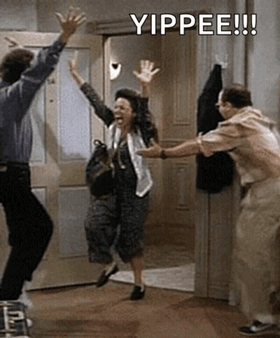 A Group Of People Are Jumping In The Air With The Words Yippee In The Corner . GIF