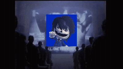 A Group Of People Are Looking At A Screen With A Picture Of A Cartoon Character And The Words All One Freedom On It GIF
