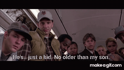 A Group Of People Are On A Bus And One Of Them Is Wearing A Ny Yankees Hat GIF