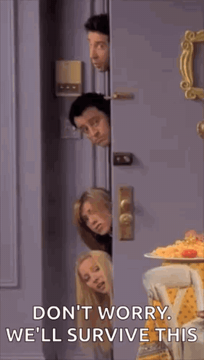 A Group Of People Are Peeking Out Of A Door With A Plate Of Food . GIF