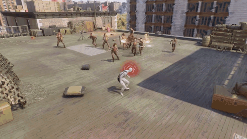 A Group Of People Are Playing A Video Game On A Roof Top GIF
