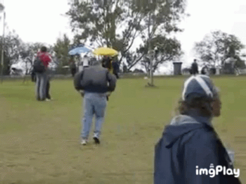 A Group Of People Are Playing Frisbee In A Park With A Man Standing In The Foreground . GIF