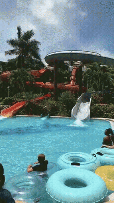 A Group Of People Are Playing In A Water Park With A Water Slide In The Background GIF