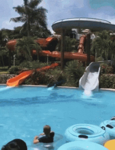 A Group Of People Are Playing In A Water Park With A Water Slide . GIF