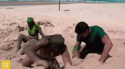 A Group Of People Are Playing In The Sand On A Beach With The Number 12 On The Bottom Right Corner . GIF