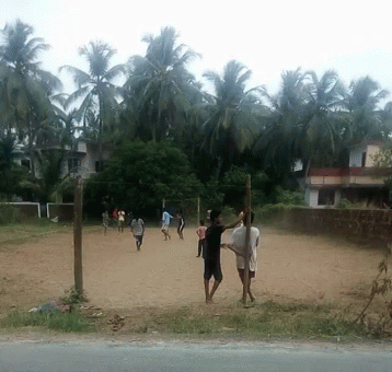 A Group Of People Are Playing Volleyball On A Dirt Field With Palm Trees In The Background GIF