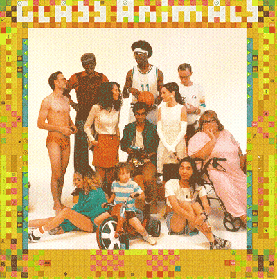 A Group Of People Are Posing For A Picture With The Words Glass Animals On The Top GIF