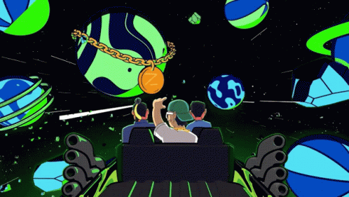 A Group Of People Are Riding A Roller Coaster With A Planet In The Background GIF