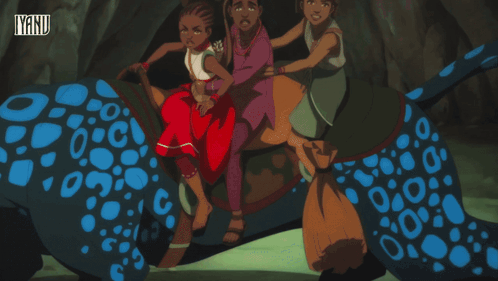 A Group Of People Are Riding On The Back Of A Blue Leopard With Smoke Coming Out Of It GIF