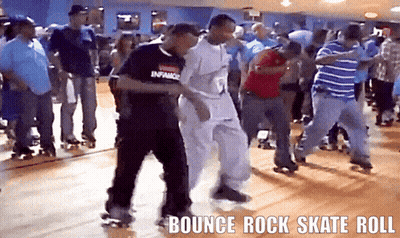 A Group Of People Are Rollerblading And Bounce Rock Skate Roll Is Written Above Them GIF
