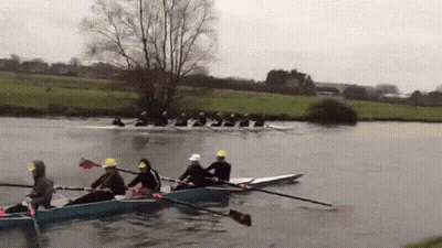 A Group Of People Are Rowing Boats In A Lake . GIF