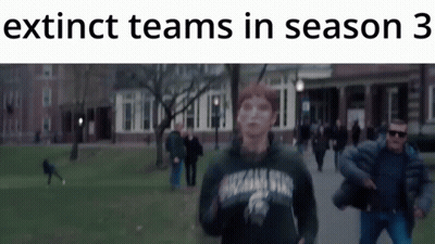 A Group Of People Are Running In A Park With The Words Extinct Teams In Season 3 GIF