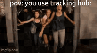 A Group Of People Are Running Through A Doorway With The Words Pov You Use Tracking Hub GIF