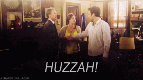 A Group Of People Are Shaking Hands And Huzzah Is Written In White GIF