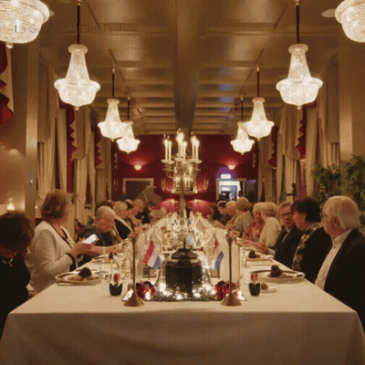 A Group Of People Are Sitting At A Long Table In A Room With A Sign That Says Ls Chamber Film Festival GIF