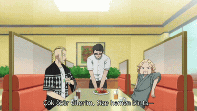 A Group Of People Are Sitting At A Table With A Plate Of Food And The Words Çok Ozur Dilerim GIF