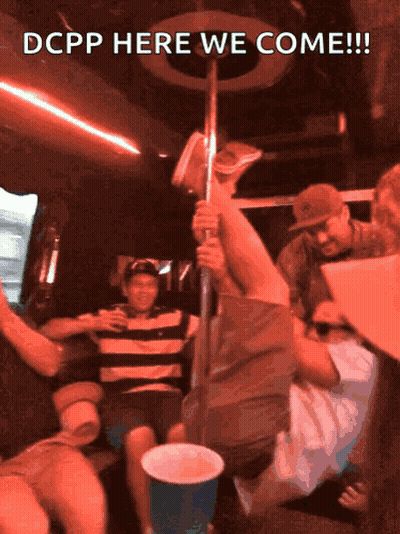 A Group Of People Are Sitting In A Car With The Words Dcpp Here We Come GIF
