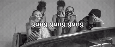 A Group Of People Are Sitting In A Car With The Words Gang Gang Gang On The Bottom . GIF