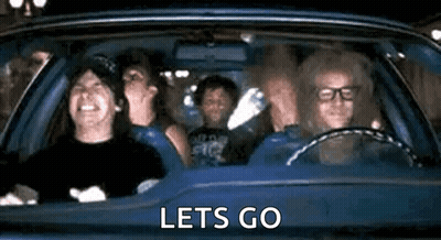 A Group Of People Are Sitting In A Car With The Words `` Let 'S Go '' Written On It . GIF