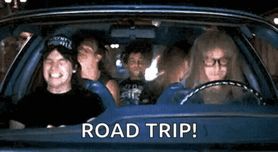 A Group Of People Are Sitting In A Car With The Words `` Road Trip '' Written On The Bottom . GIF